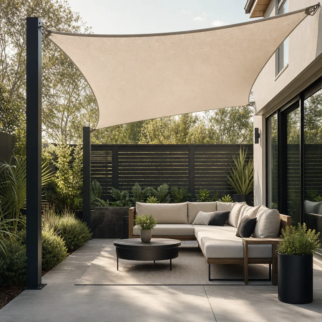 27 back patio slab ideas for plain, old, small, or cracked concrete a concrete patio with a shade sail, privacy screen, and layered planting.