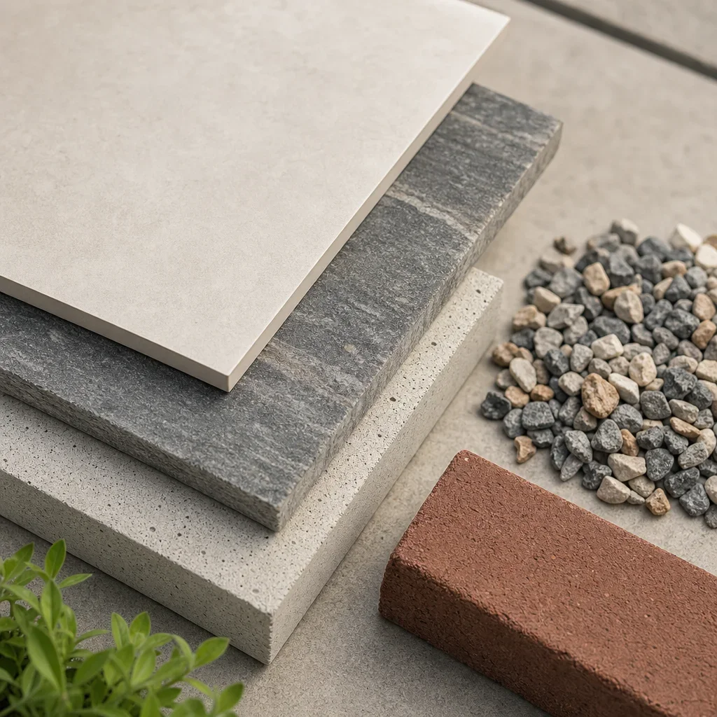 back garden slab ideas: 27 design ideas, layouts & budget tips a comparison of paving materials including porcelain, natural stone, concrete, gravel, and brick edging.
