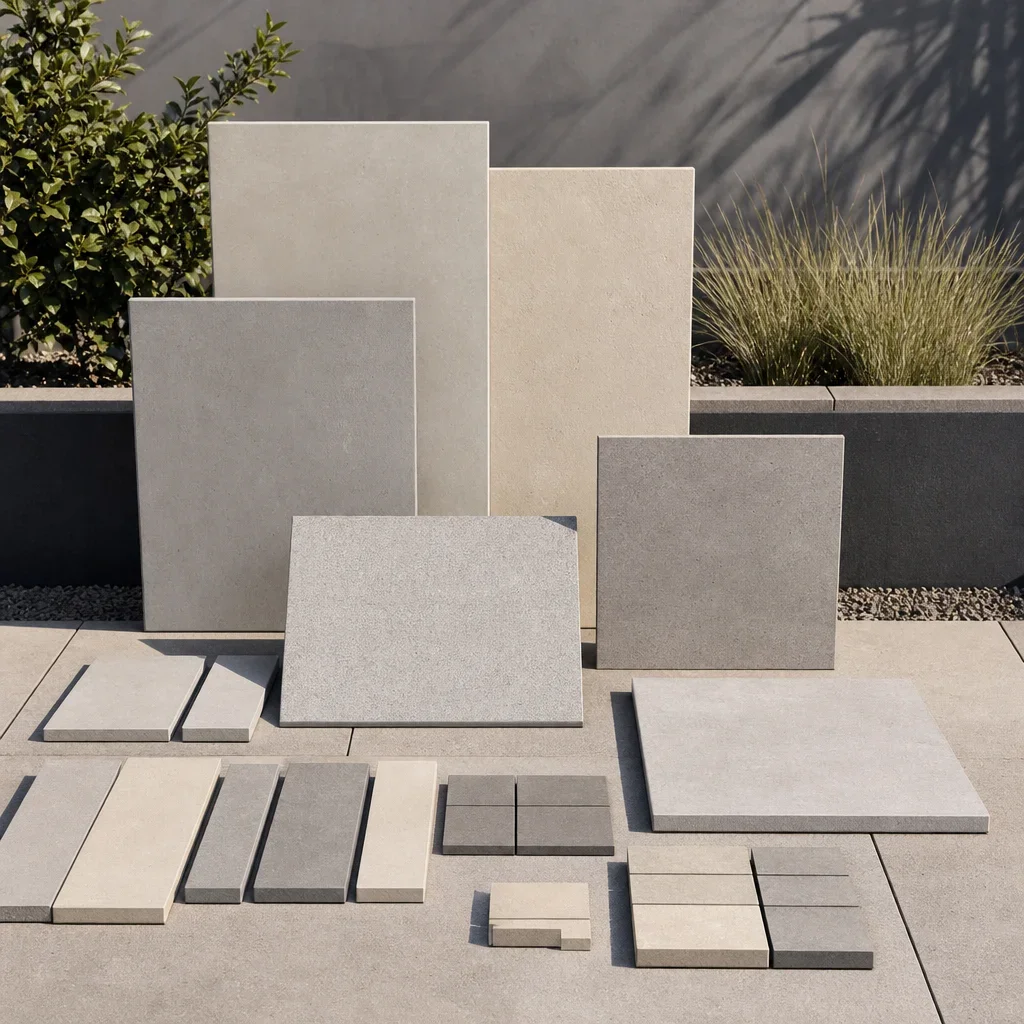 back garden slab ideas: 27 design ideas, layouts & budget tips different paving slab sizes, shapes, and finishes displayed for comparison.