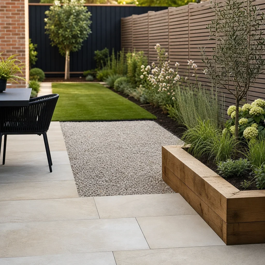 back garden slab ideas: 27 design ideas, layouts & budget tips a garden design combining slabs with gravel, grass, planting, and a raised bed.