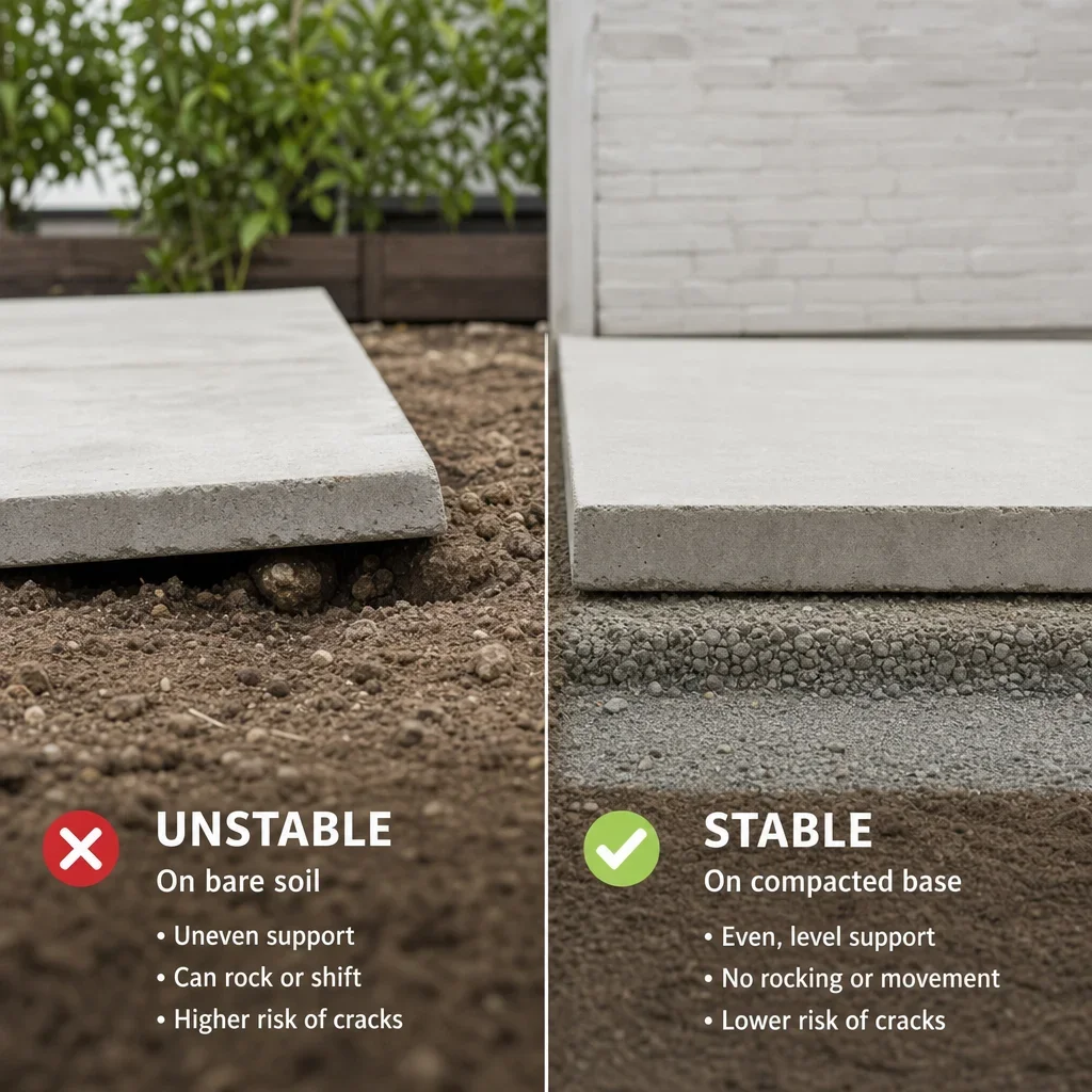 back garden slab ideas: 27 design ideas, layouts & budget tips a comparison showing why laying slabs directly on soil is unstable.