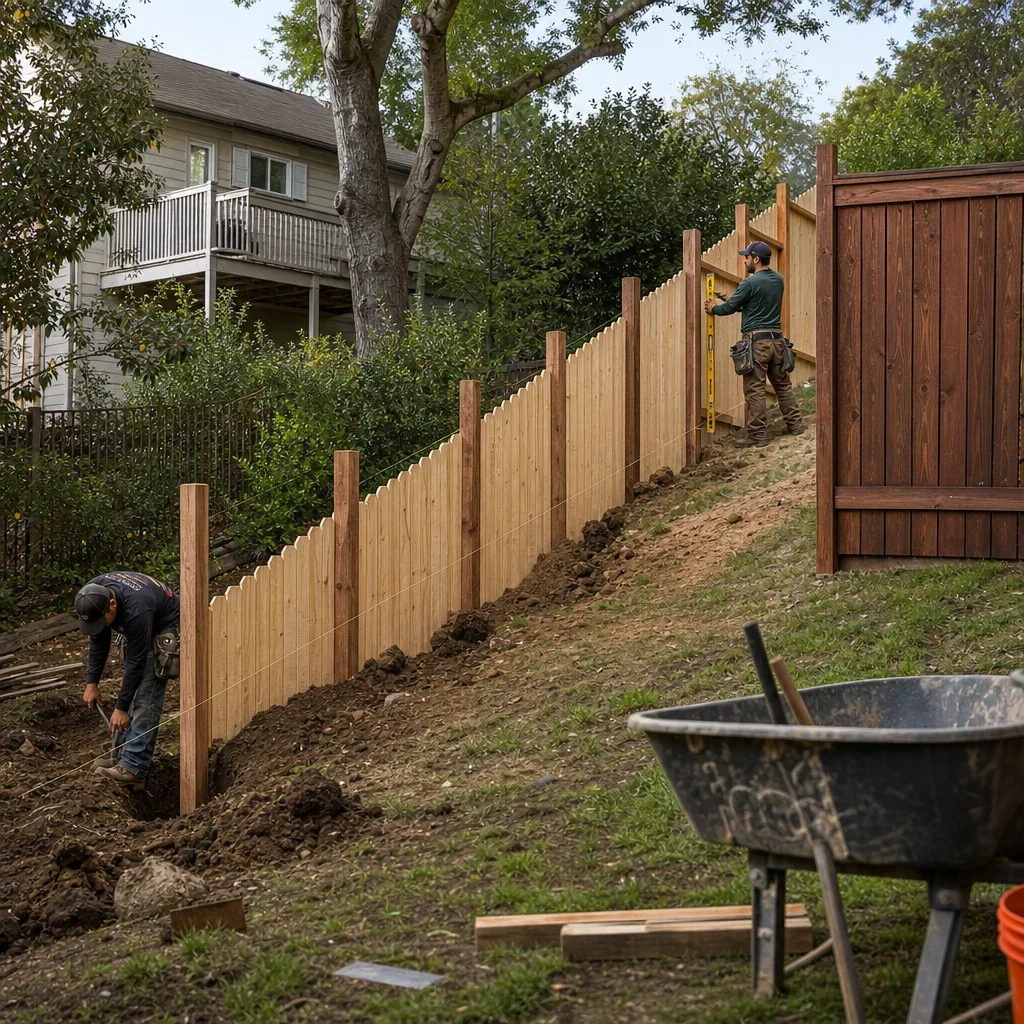 backyard garden fence ideas: 33 designs by budget, privacy & style installers set a fence on a sloped yard with stepped sections and footing work.