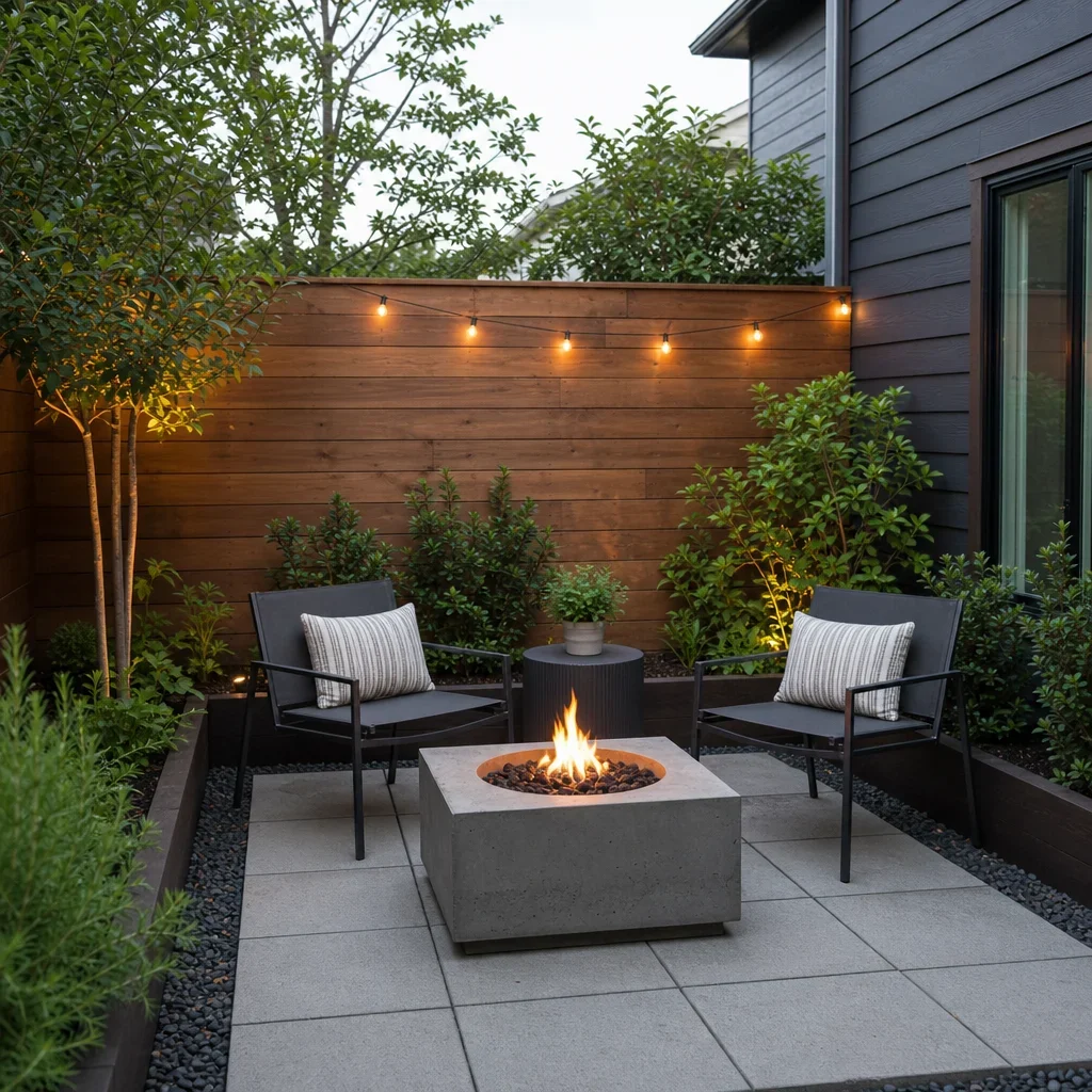 backyard fire pit ideas: layouts, materials, budget & safety a small backyard fire pit setup with a compact corner layout and two chairs.