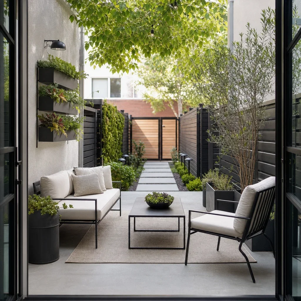 27 back patio slab ideas for plain, old, small, or cracked concrete a small concrete patio arranged with slim furniture and planters to feel larger.