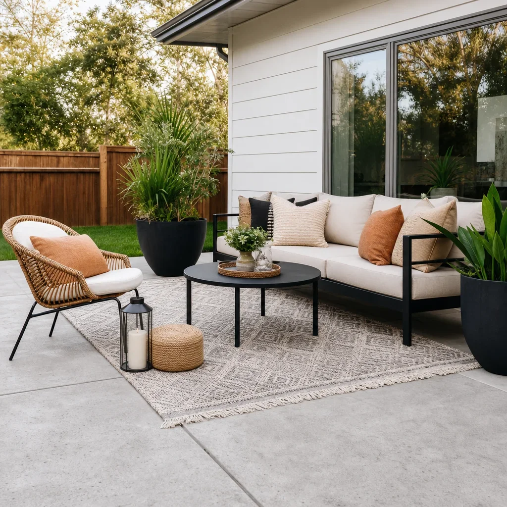27 back patio slab ideas for plain, old, small, or cracked concrete a plain concrete patio styled with an outdoor rug, seating, and large planters.