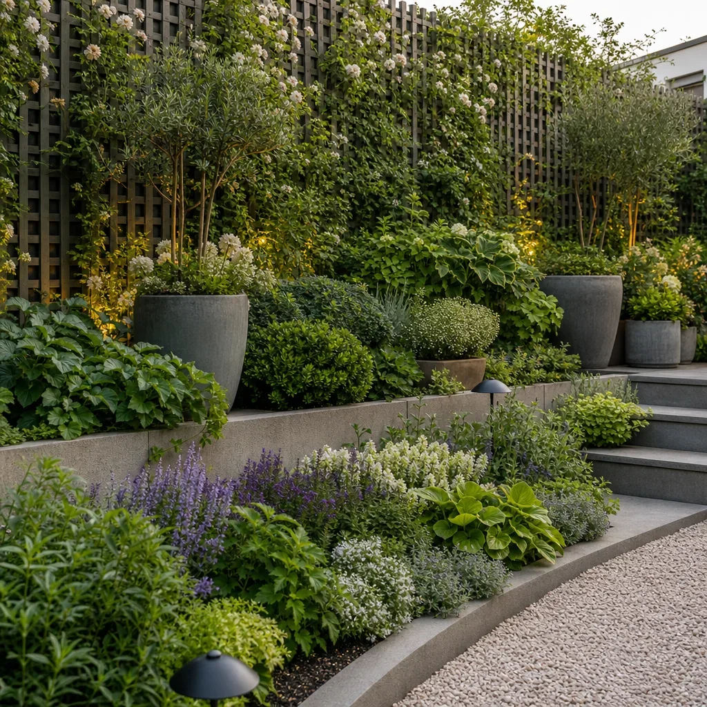 27 terraced house backyard ideas for small, stylish urban gardens layered planting in a terraced backyard with shrubs, perennials, climbers, and large pots.
