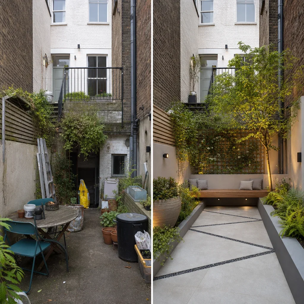 27 terraced house backyard ideas for small, stylish urban gardens a terraced backyard before-and-after style layout showing a smarter redesign.