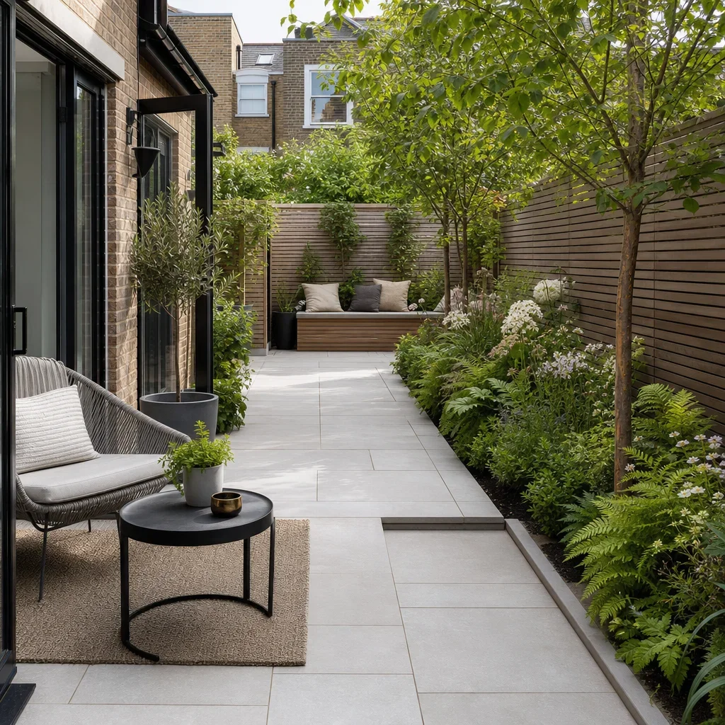 27 terraced house backyard ideas for small, stylish urban gardens a small terraced backyard divided into three zones with offset paving and a rear focal point.