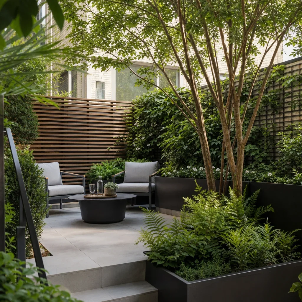 27 terraced house backyard ideas for small, stylish urban gardens a terraced garden seating area screened by layered planting and trellis.