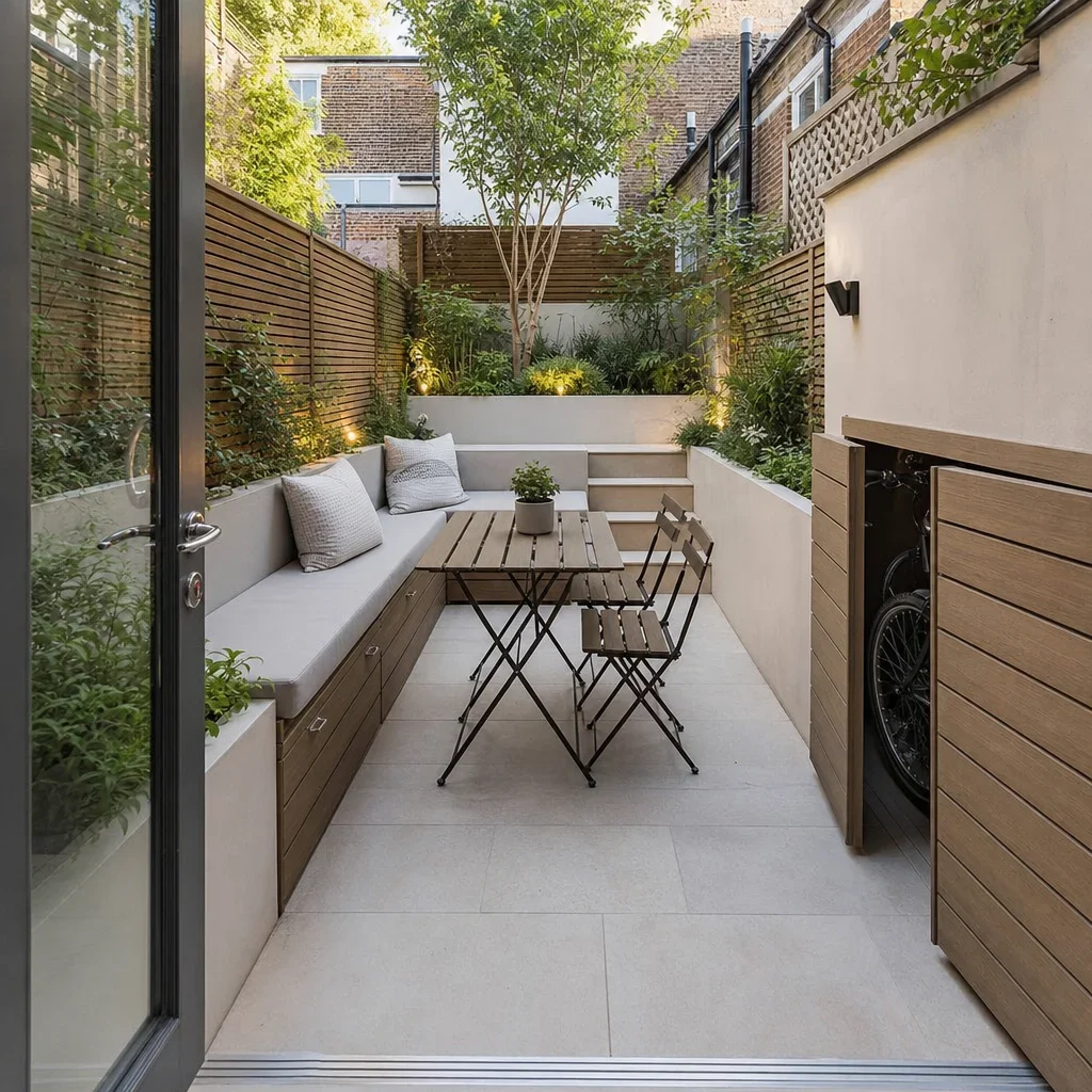 27 terraced house backyard ideas for small, stylish urban gardens compact backyard seating with built-in storage and a foldable dining set.