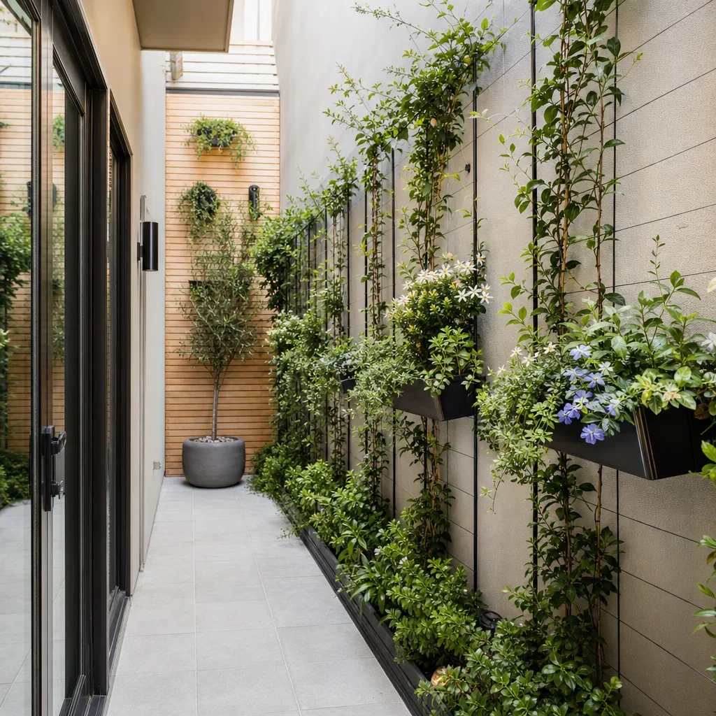 27 terraced house backyard ideas for small, stylish urban gardens vertical planting on a wall and trellis in a narrow terraced backyard.