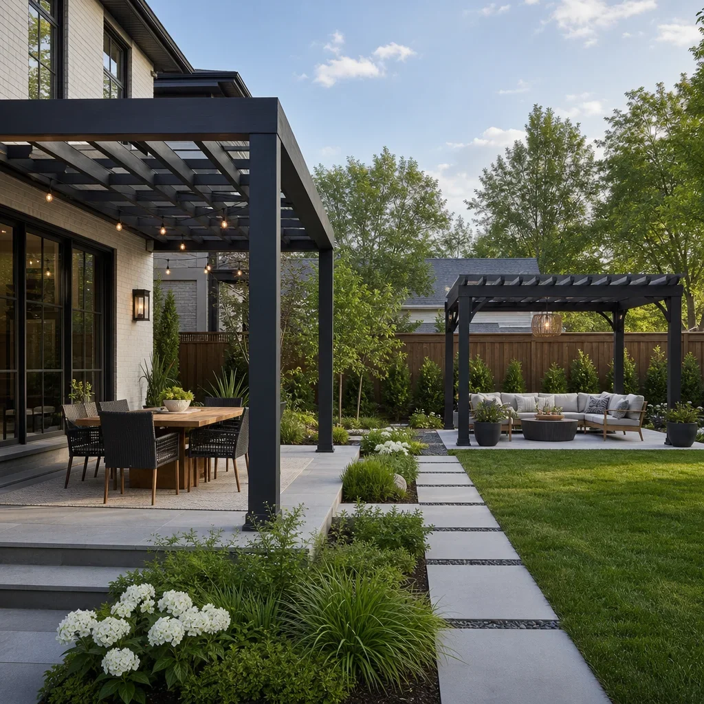 paver patio with pergola ideas: 21 layouts, costs & design tips comparison of an attached pergola near the house and a freestanding pergola in the yard.