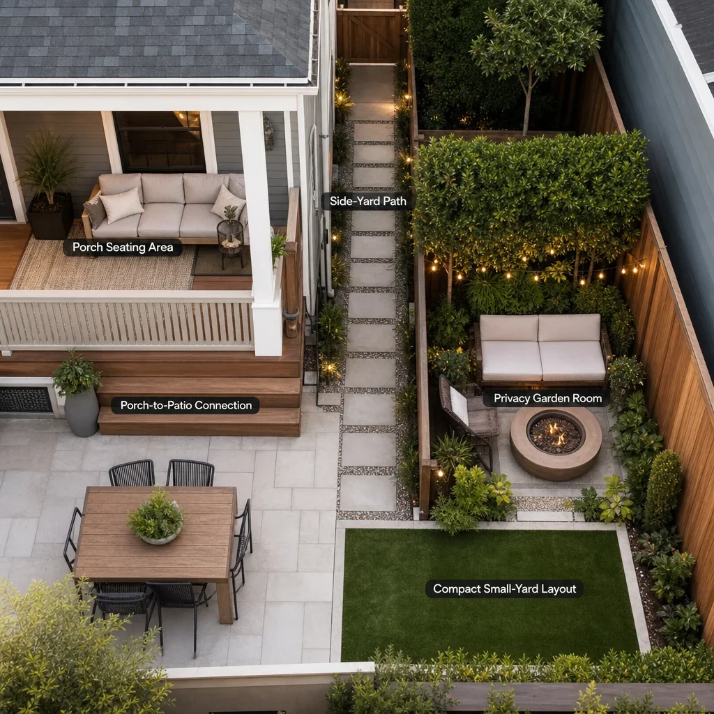 25 back porch landscape ideas for gta homes back porch layout zones showing function and circulation.