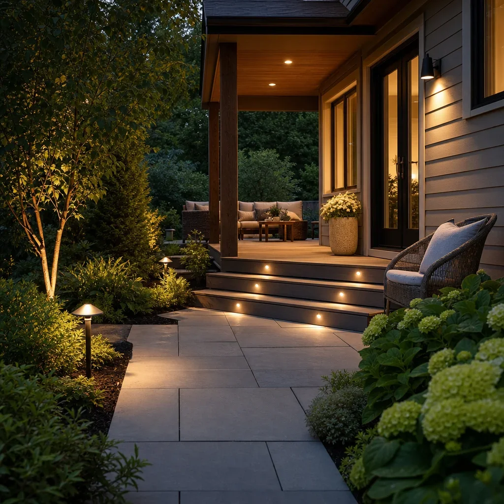 25 back porch landscape ideas for gta homes layered lighting around a back porch for safety and ambiance.