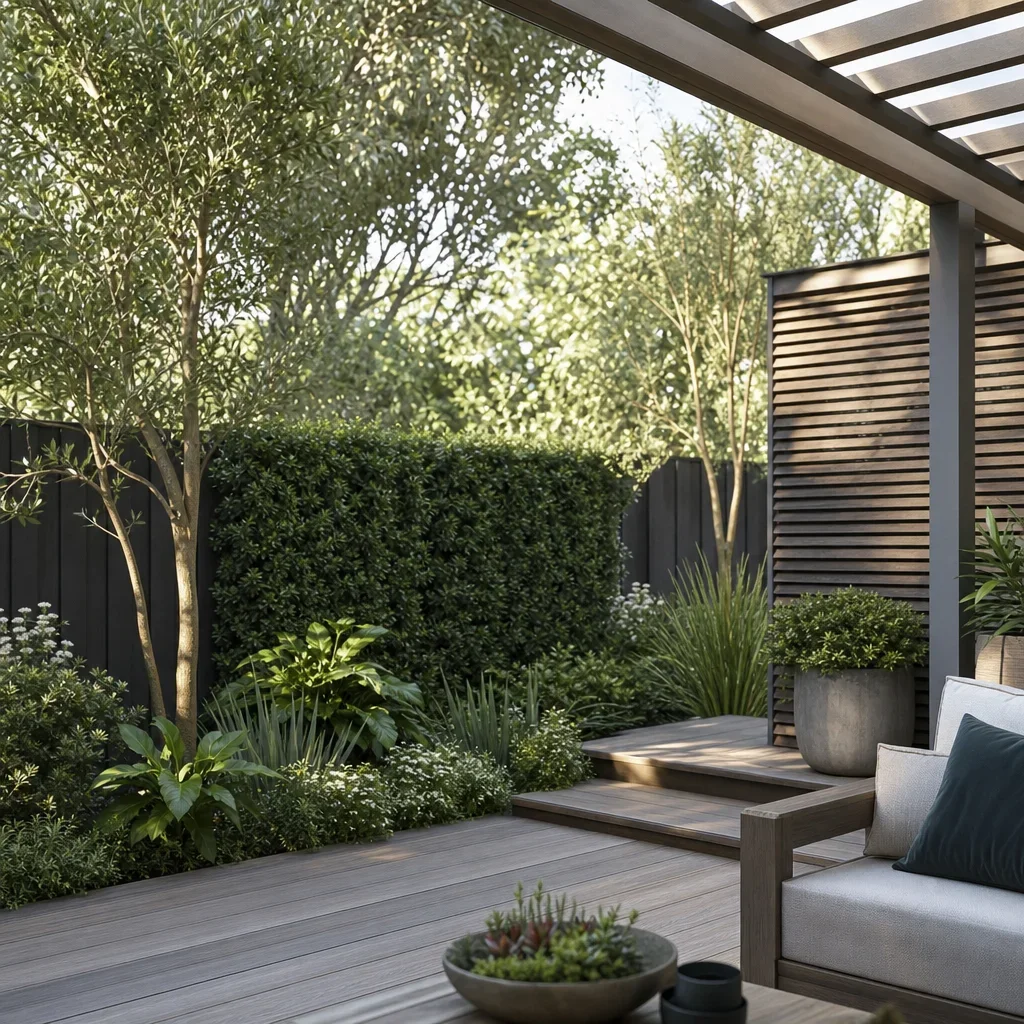 25 back porch landscape ideas for gta homes layered privacy features around a back porch, including screens, hedges, and planting.