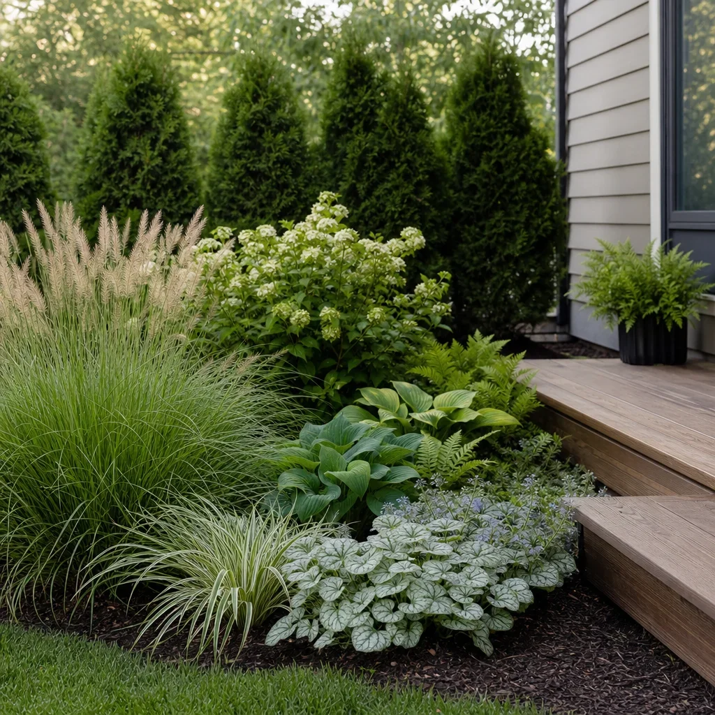 deck ideas for small yards: smart deck, patio & landscaping layouts grouped plants around a deck showing sun, shade, and privacy planting options.