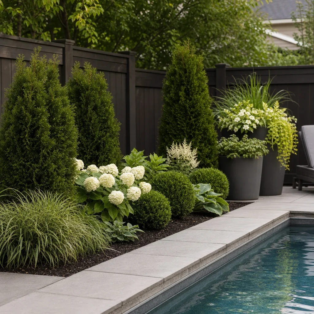 above ground pool landscape design ideas for small backyards poolside planting with evergreens, perennials, and containers set back from the pool.