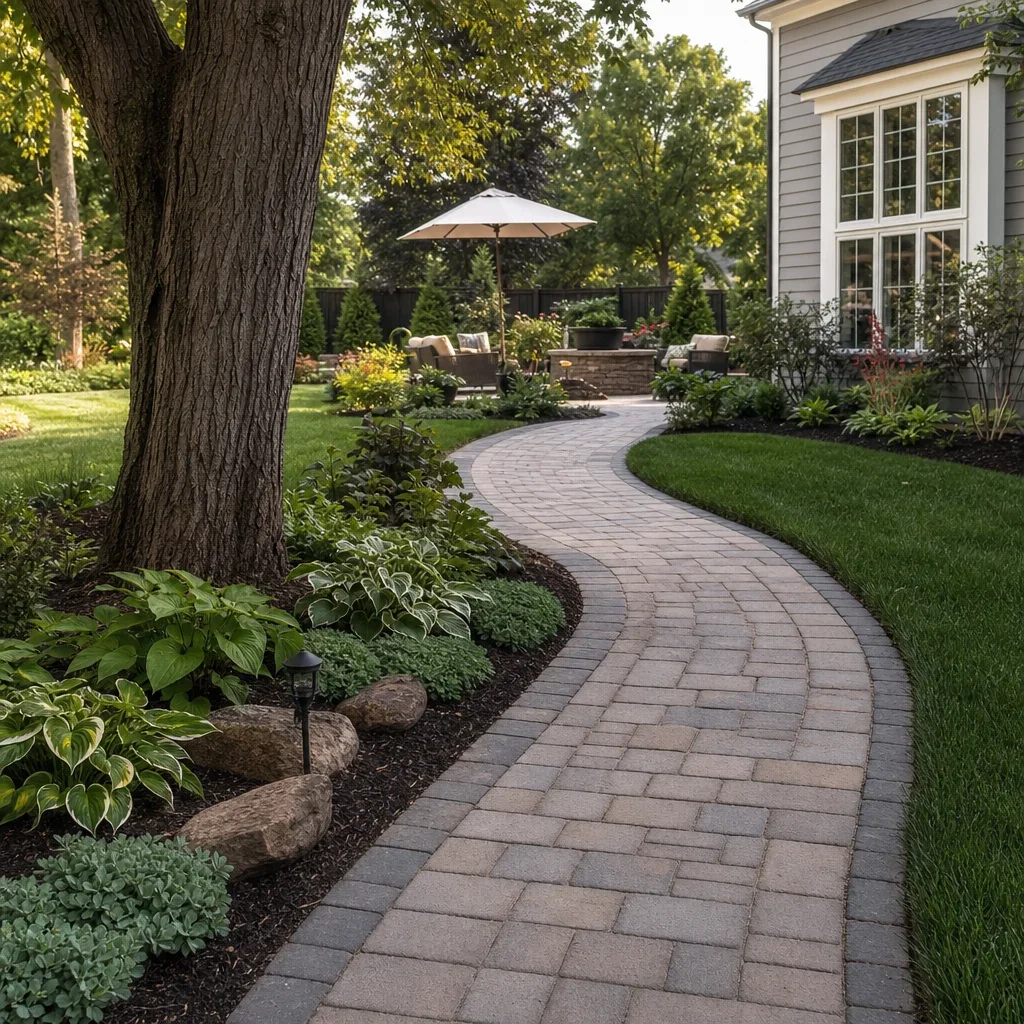 paver walkway design ideas: front, backyard, steps & modern styles a curved paver walkway that bends around a tree in a backyard.