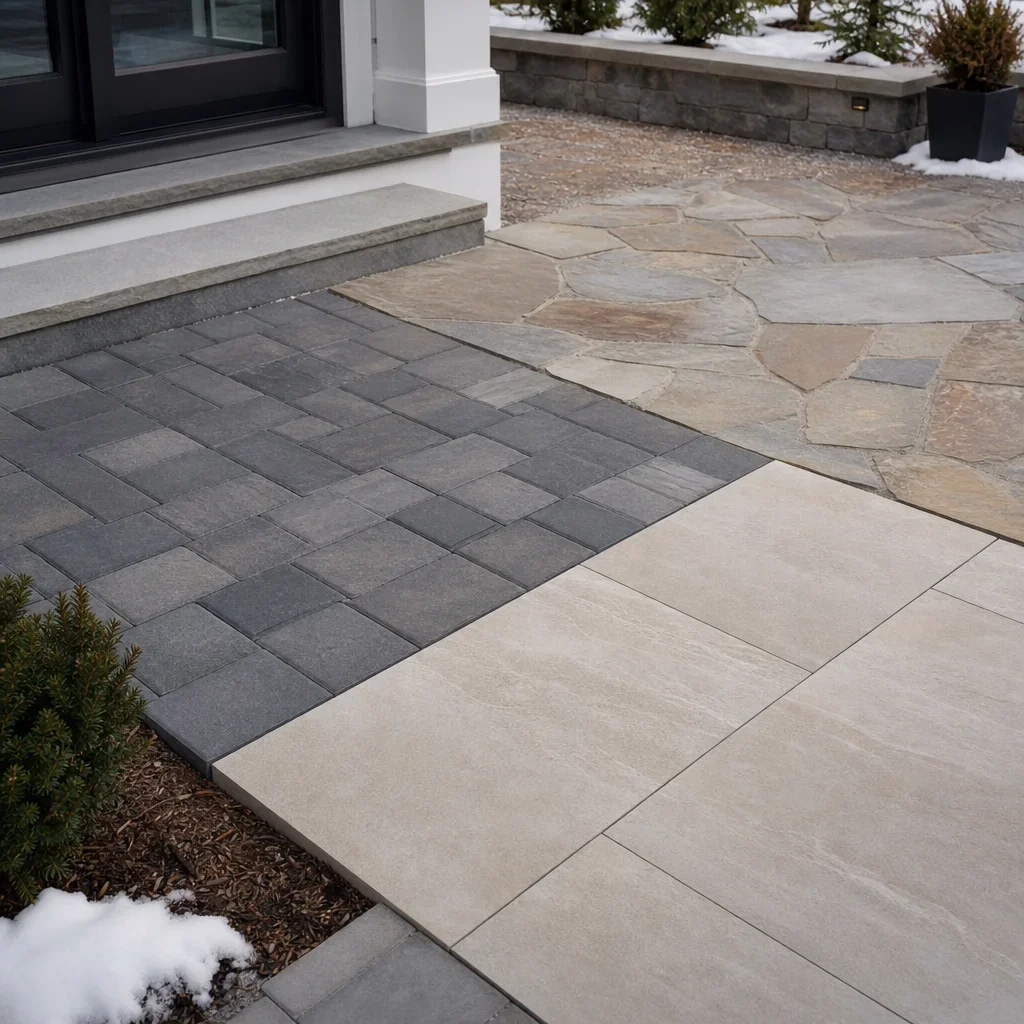 25 back porch landscape ideas for gta homes close-up comparison of hardscape materials used near a back porch.