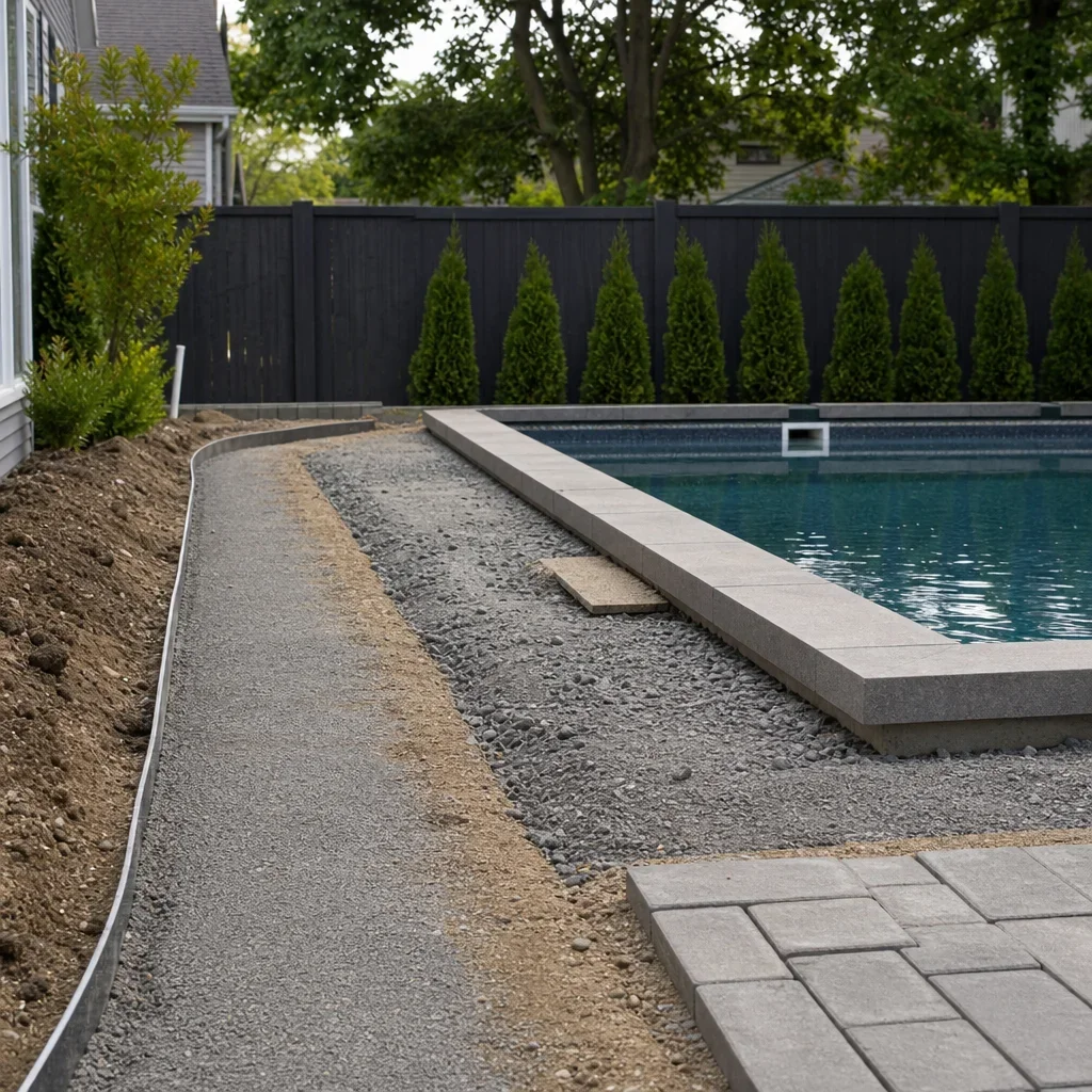 above ground pool landscape design ideas for small backyards a pool area under construction showing compacted base, grading, and drainage away from the pool.