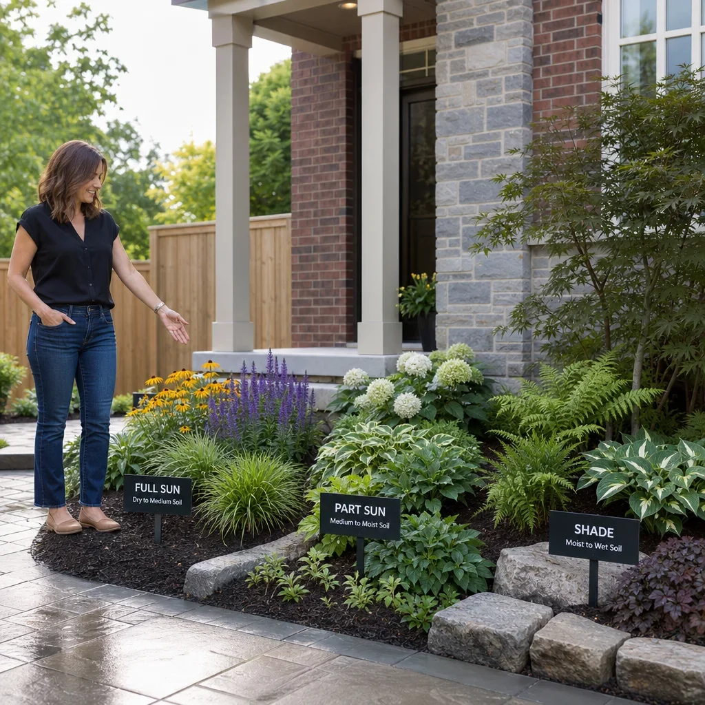 25 back porch landscape ideas for gta homes three planting beds showing full sun, part sun, and shade options for a back porch.