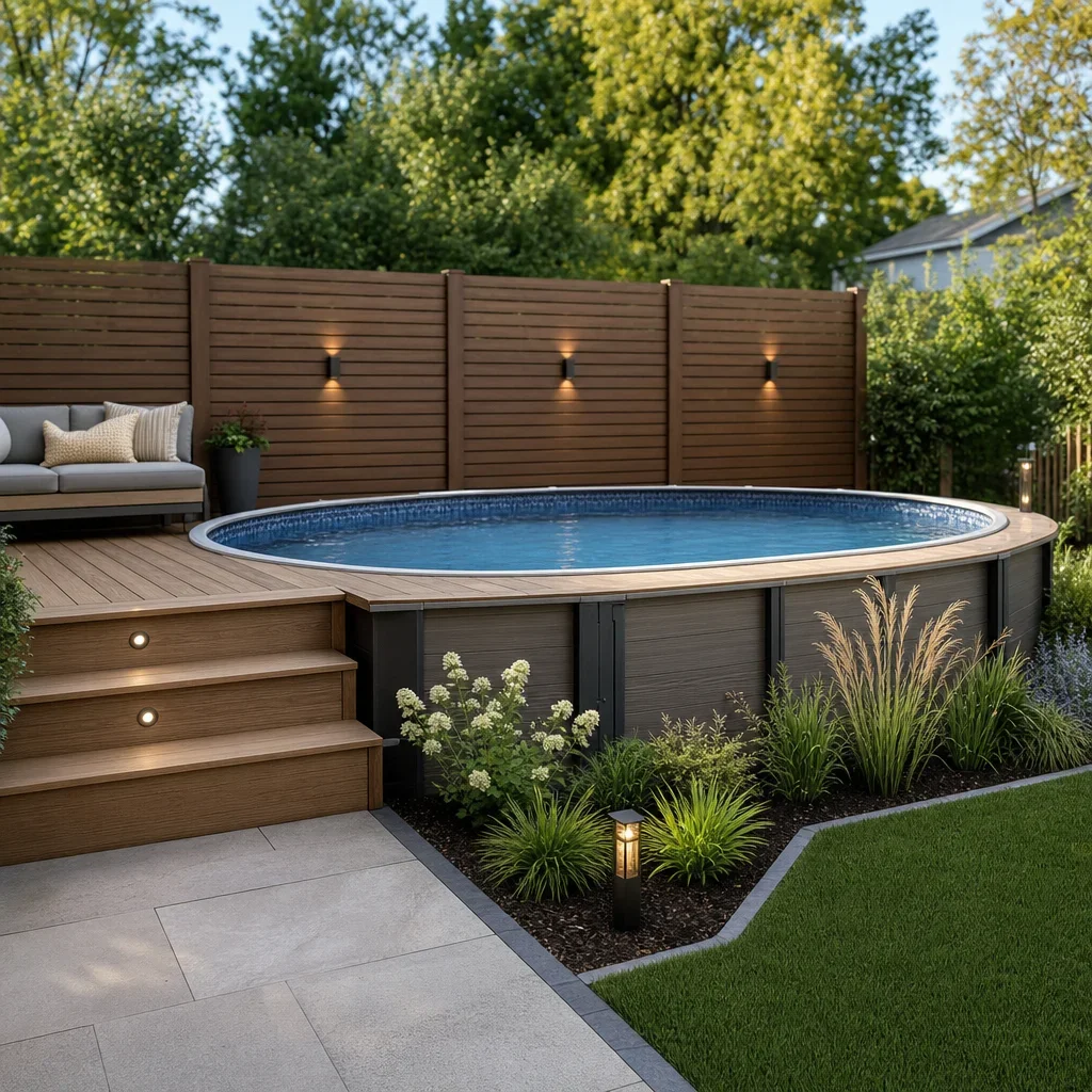 above ground pool landscape design ideas for small backyards an above-ground pool partially concealed by a deck, screen, and planting bed.