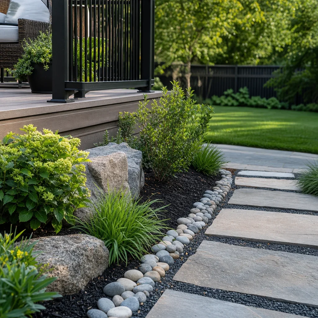 deck ideas for small yards: smart deck, patio & landscaping layouts a deck bordered by planting beds, stone edging, and a lawn path.