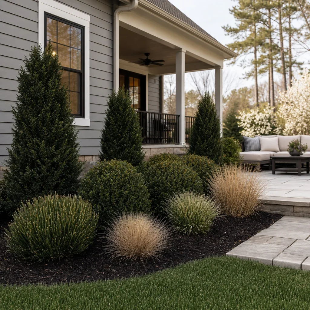 25 back porch landscape ideas for gta homes low-maintenance evergreen and mass planting around a back porch.