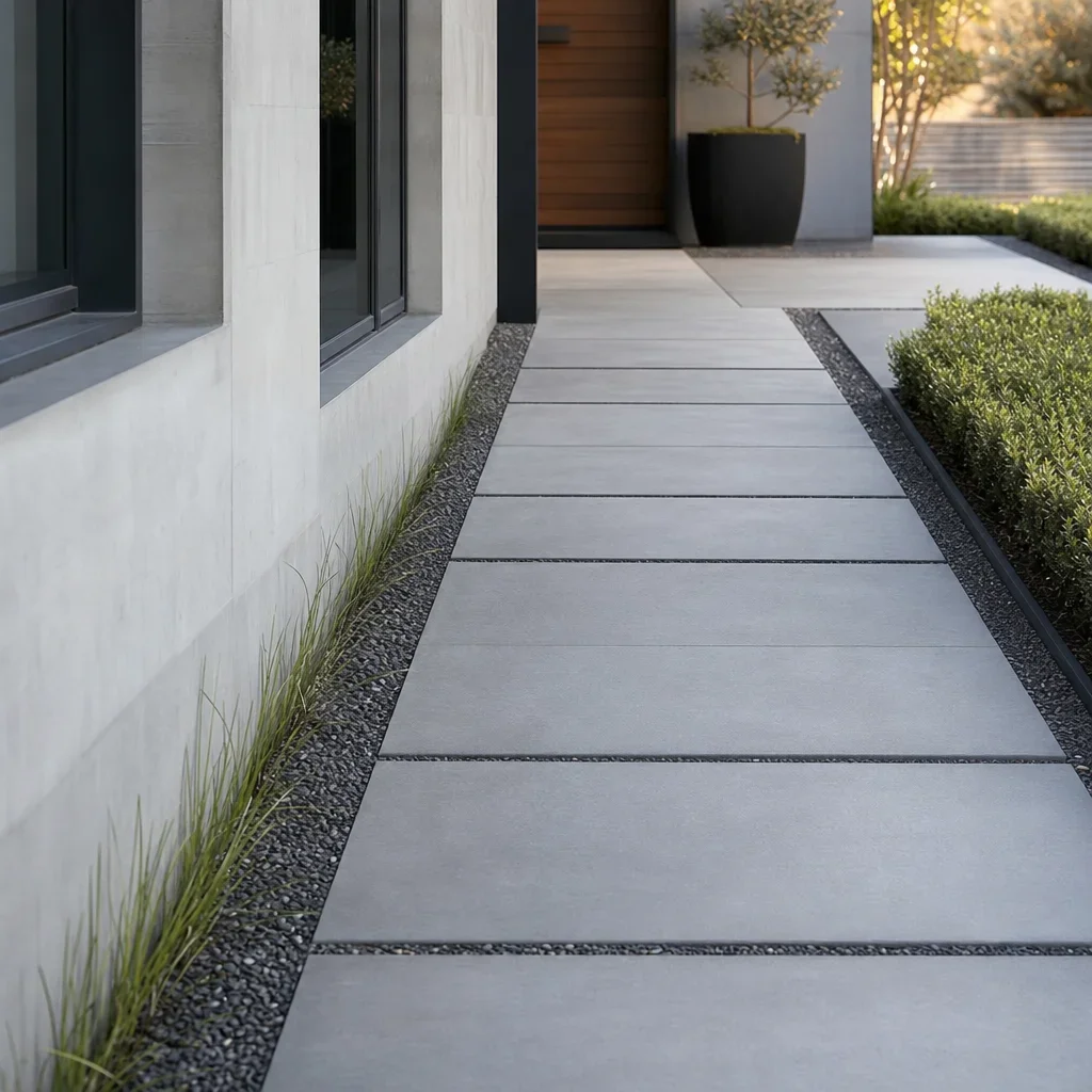 paver walkway design ideas: front, backyard, steps & modern styles a modern concrete paver walkway with large-format slabs and clean linear joints.