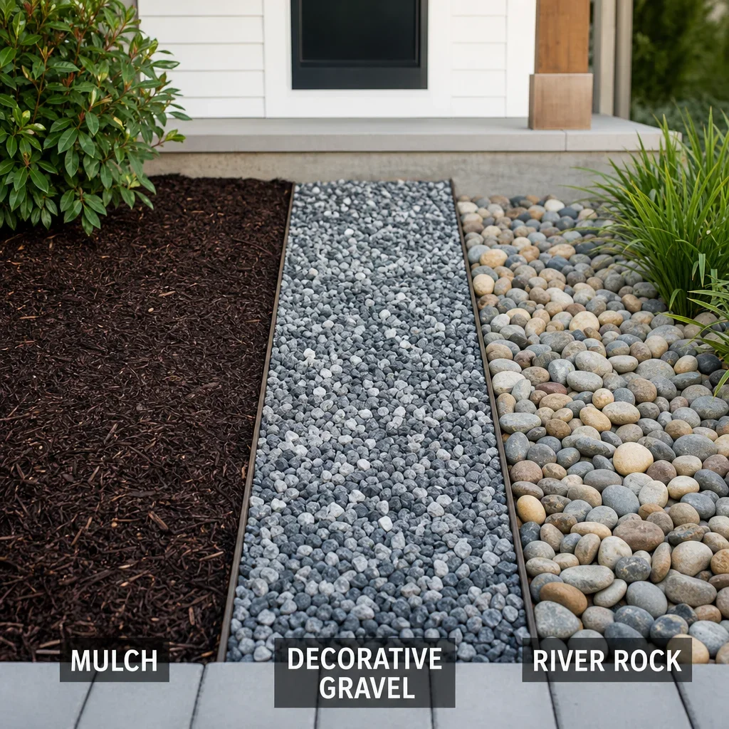 25 back porch landscape ideas for gta homes side-by-side comparison of mulch, gravel, and river rock near a back porch.