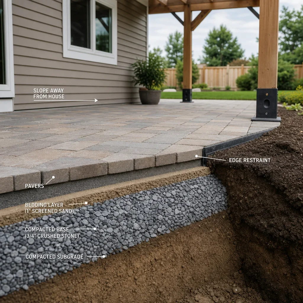 paver patio with pergola ideas: 21 layouts, costs & design tips a cutaway showing paver patio base layers and drainage slope under a pergola.