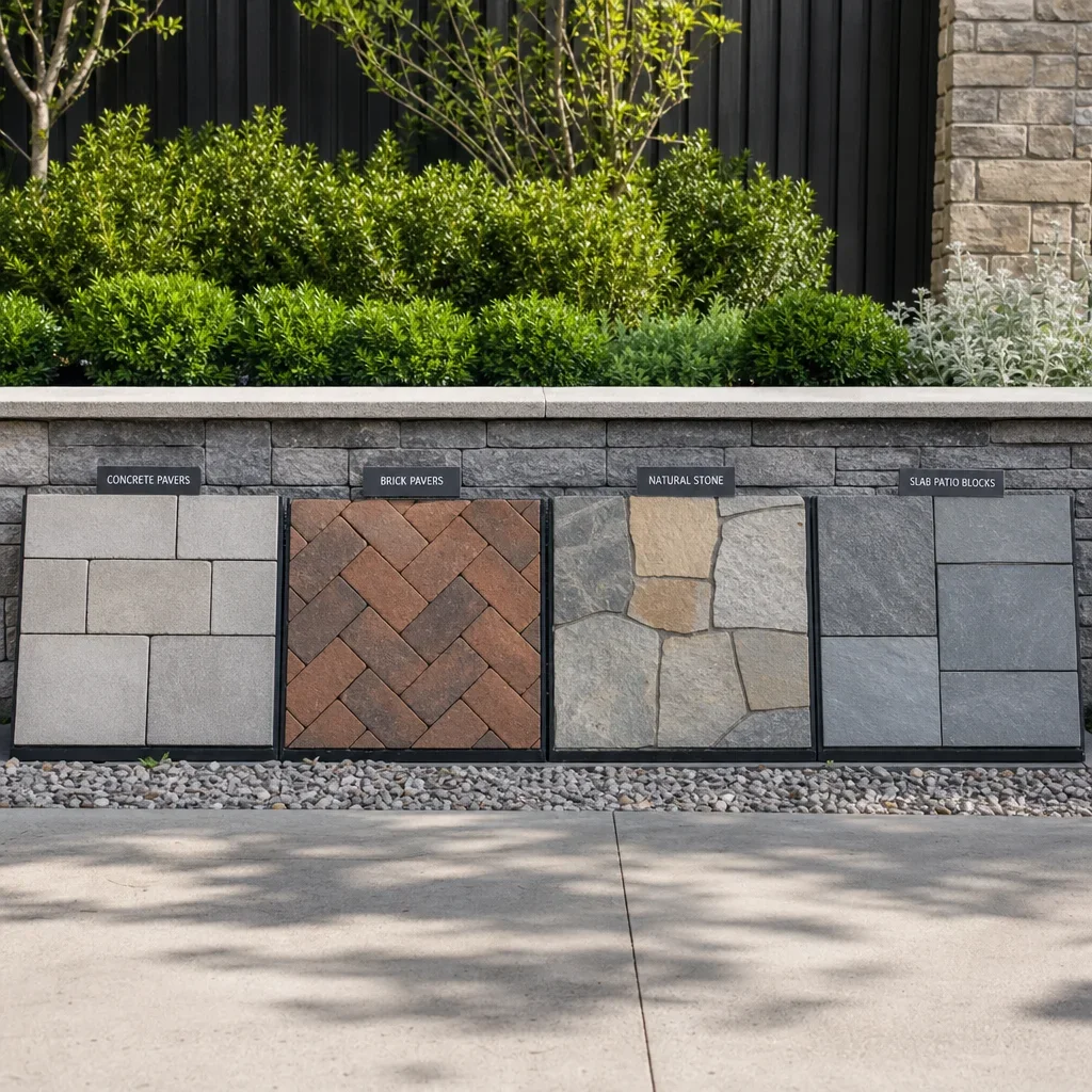 paver walkway design ideas: front, backyard, steps & modern styles installed sample squares comparing concrete pavers, brick, natural stone, and patio blocks.