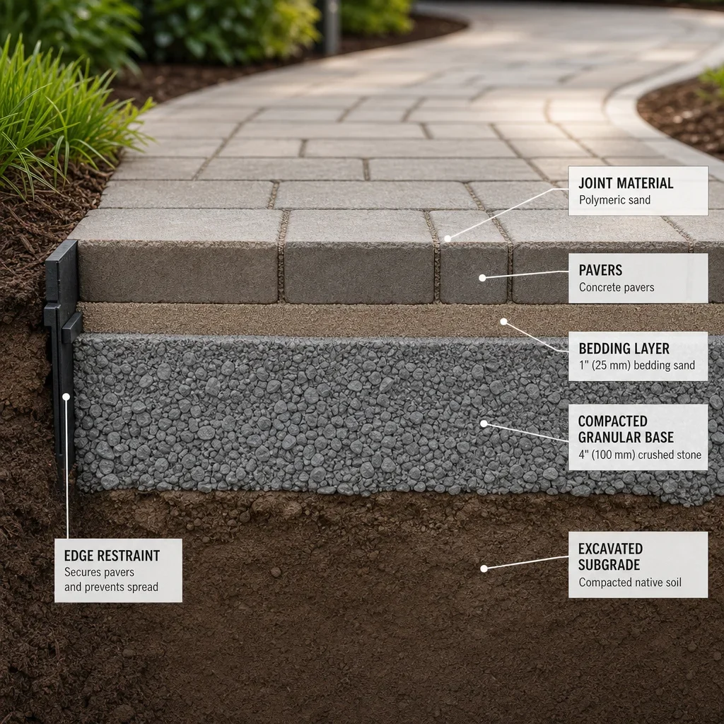 paver walkway design ideas: front, backyard, steps & modern styles a cross-section diagram of the layers under a paver walkway.