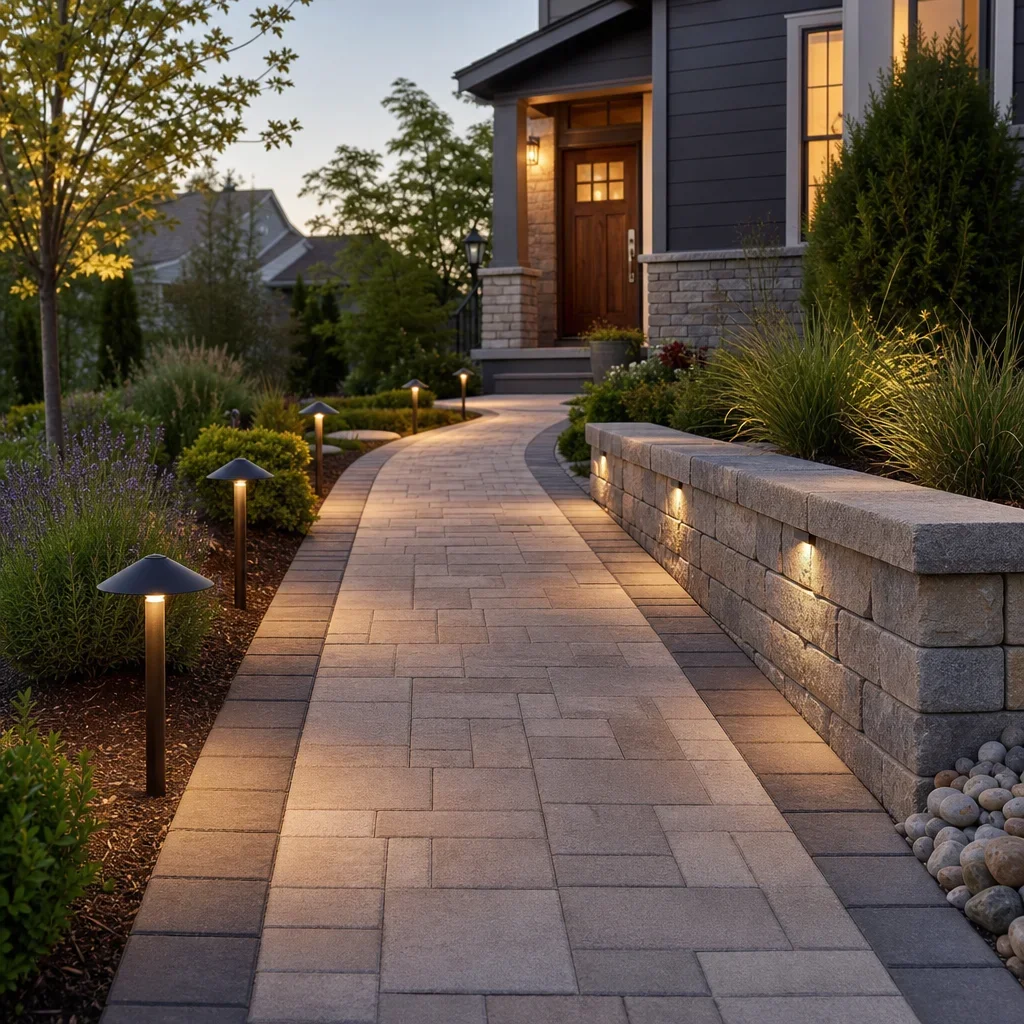 paver walkway design ideas: front, backyard, steps & modern styles a paver walkway with path lights, a border, planting, and a low retaining wall.