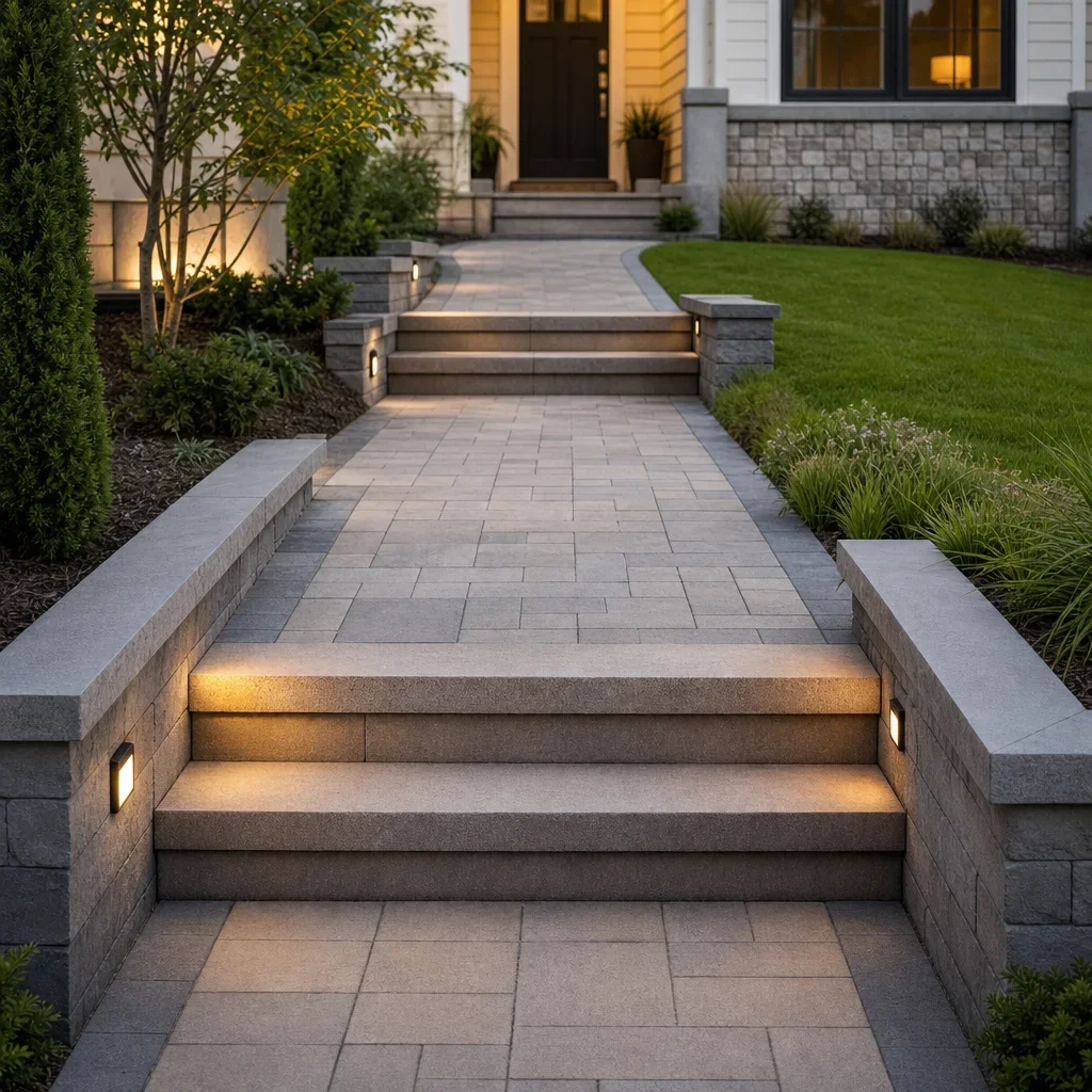 paver walkway design ideas: front, backyard, steps & modern styles a paver walkway with broad steps, landings, and low retaining walls on a slope.