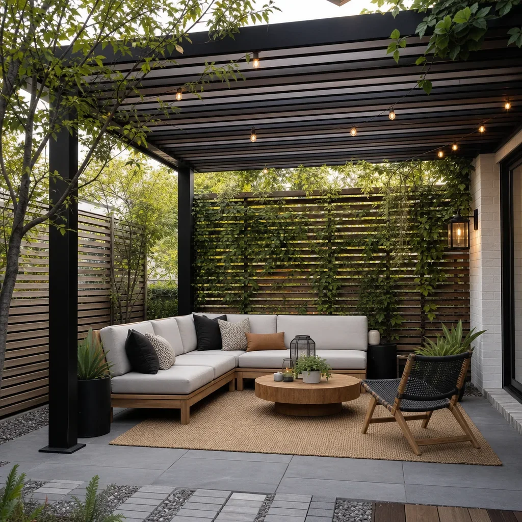paver patio with pergola ideas: 21 layouts, costs & design tips a pergola styled as an outdoor room with shade, privacy screening, and lighting.