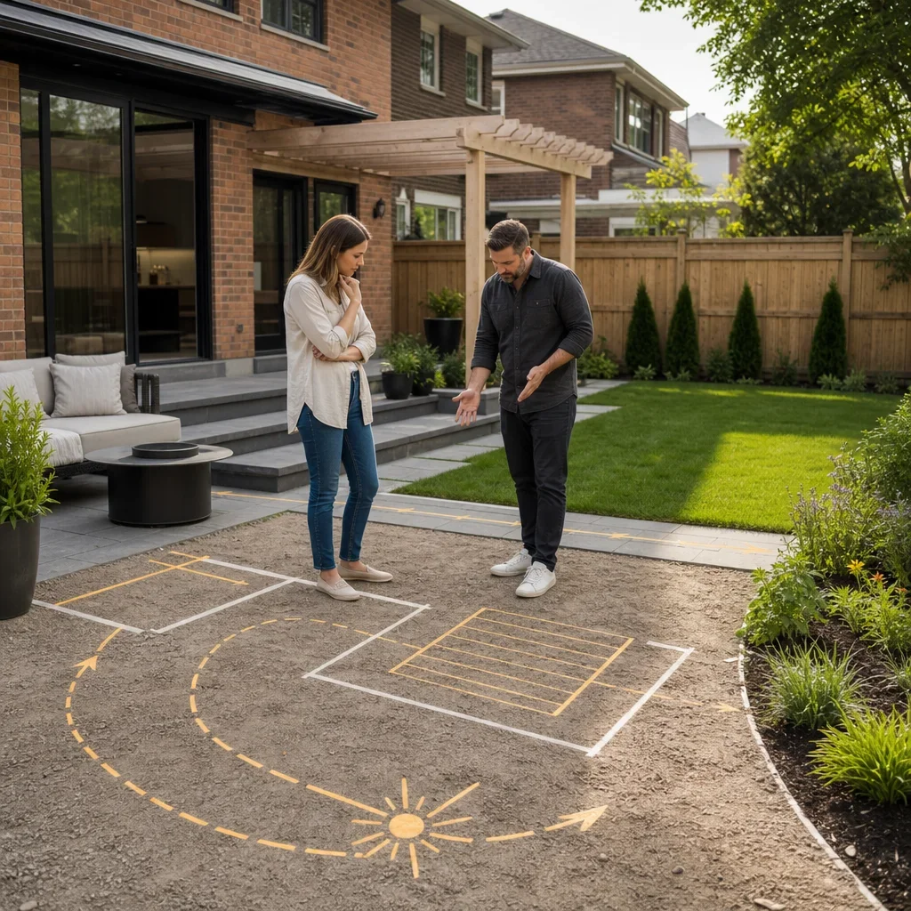 paver patio with pergola ideas: 21 layouts, costs & design tips a designer and homeowner planning pergola placement on a patio.