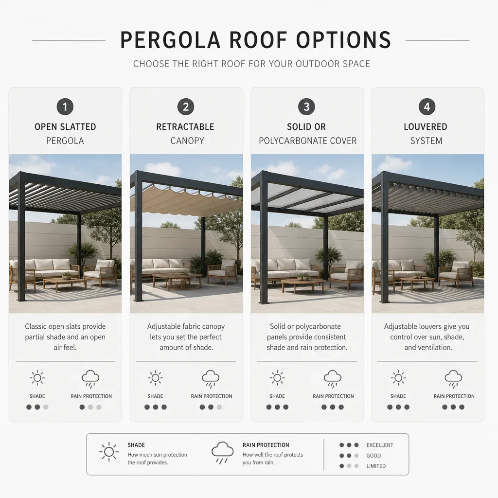 paver patio with pergola ideas: 21 layouts, costs & design tips a diagram comparing pergola roof options from open slats to full rain protection.
