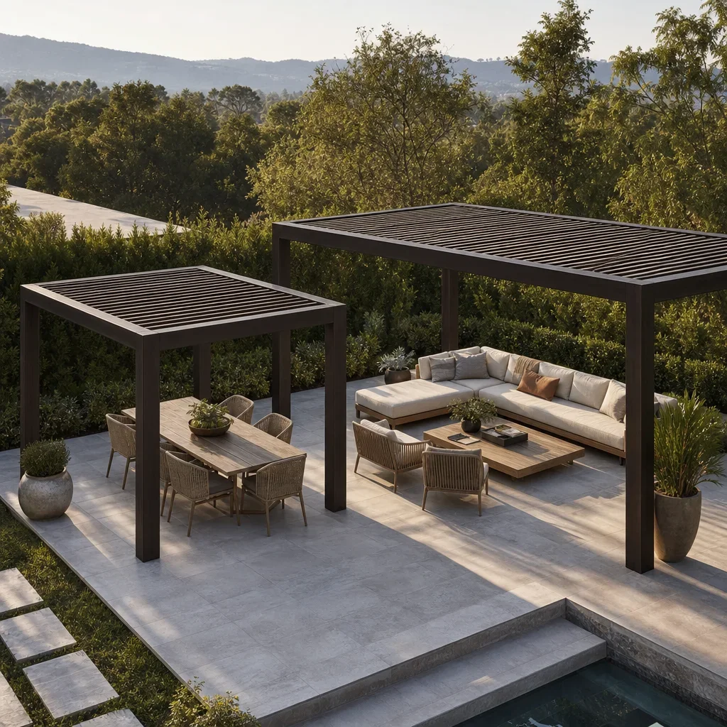 paver patio with pergola ideas: 21 layouts, costs & design tips a patio sizing concept showing different pergola footprints for dining and lounge zones.