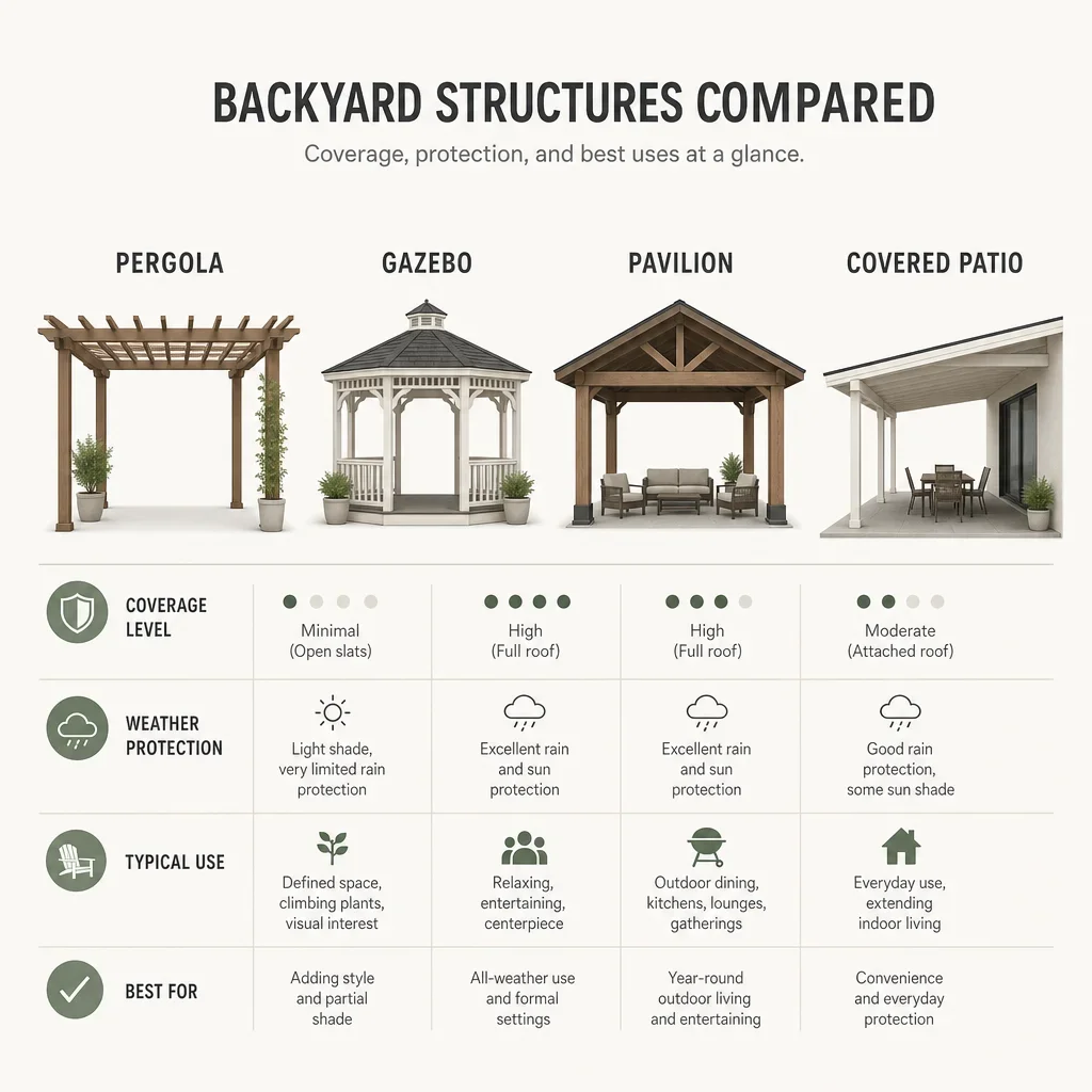 paver patio with pergola ideas: 21 layouts, costs & design tips a diagram comparing pergola, gazebo, pavilion, and covered patio.