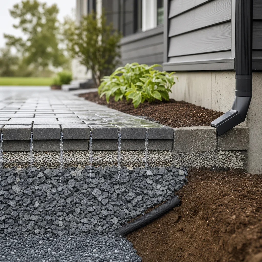 paver walkway design ideas: front, backyard, steps & modern styles a permeable paver walkway cutaway showing water draining through the base layers.