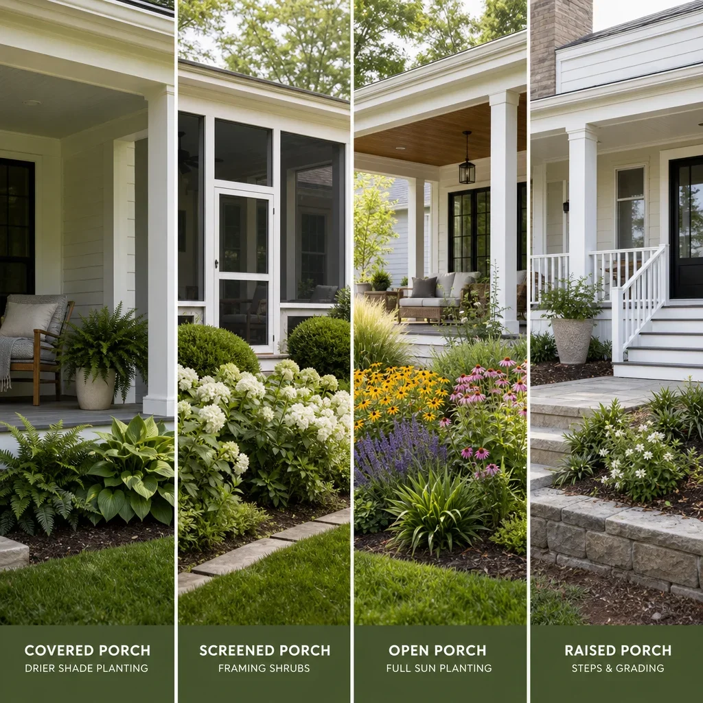 25 back porch landscape ideas for gta homes a porch landscape comparing covered, screened, open, and raised porch conditions.