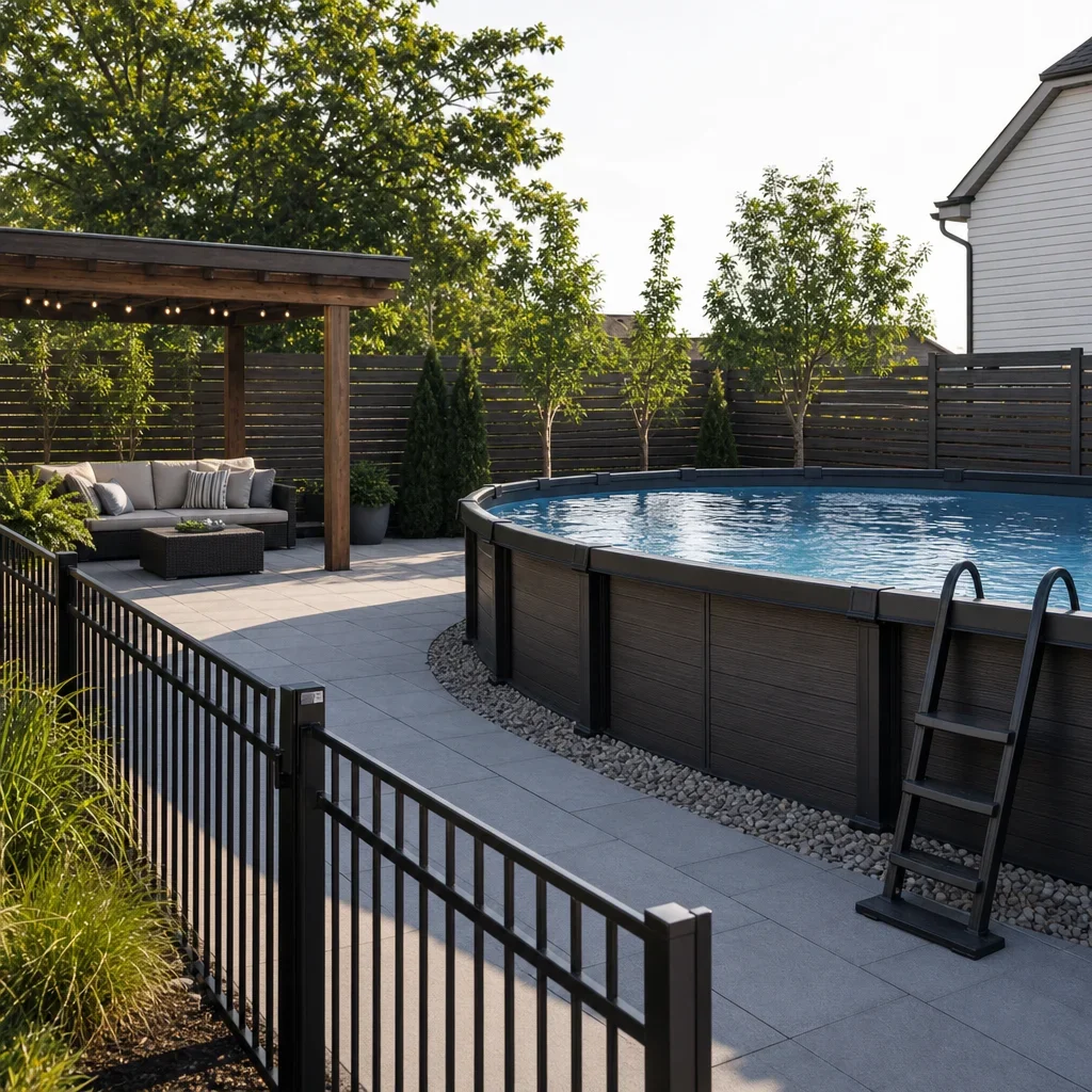 above ground pool landscape design ideas for small backyards a pool area with privacy screening, shade, and clear safe access paths.
