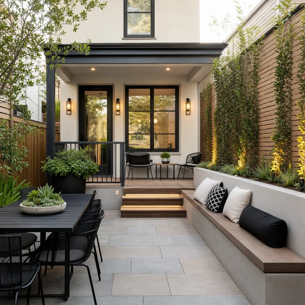 25 back porch landscape ideas for gta homes a small back porch made to feel larger with simple paving and vertical planting.