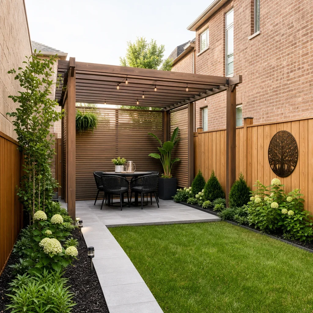 paver patio with pergola ideas: 21 layouts, costs & design tips a small backyard with a corner pergola and compact patio layout.