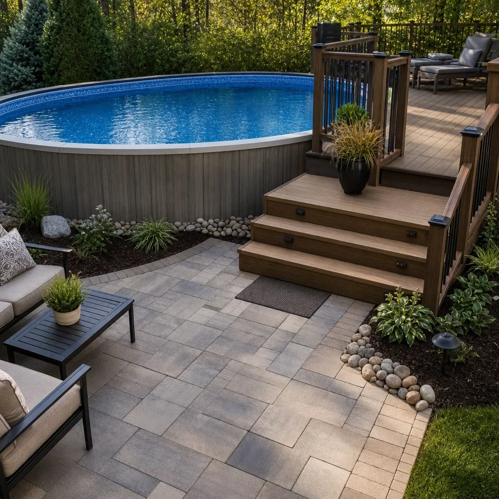 above ground pool landscape design ideas for small backyards an above-ground pool with a compact entry deck, partial lounge deck, and adjacent patio.