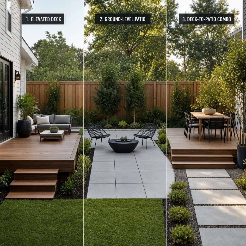 deck ideas for small yards: smart deck, patio & landscaping layouts small yard deck vs patio combo layout 1688