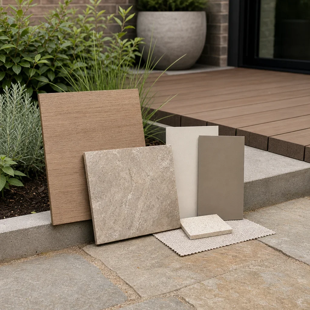 deck ideas for small yards: smart deck, patio & landscaping layouts deck and patio material samples in coordinated neutral tones beside planting.