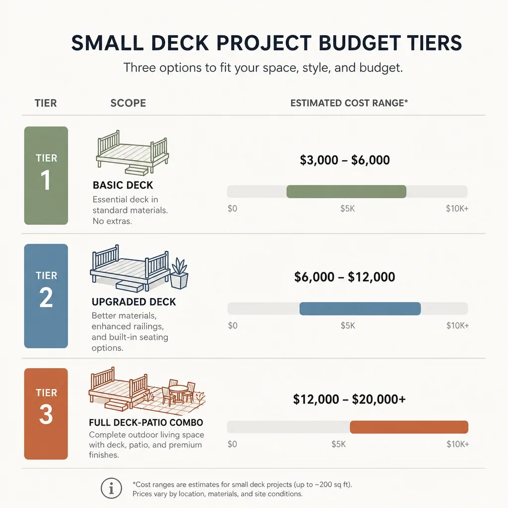 deck ideas for small yards: smart deck, patio & landscaping layouts a simple budget tier chart comparing small deck project cost ranges.