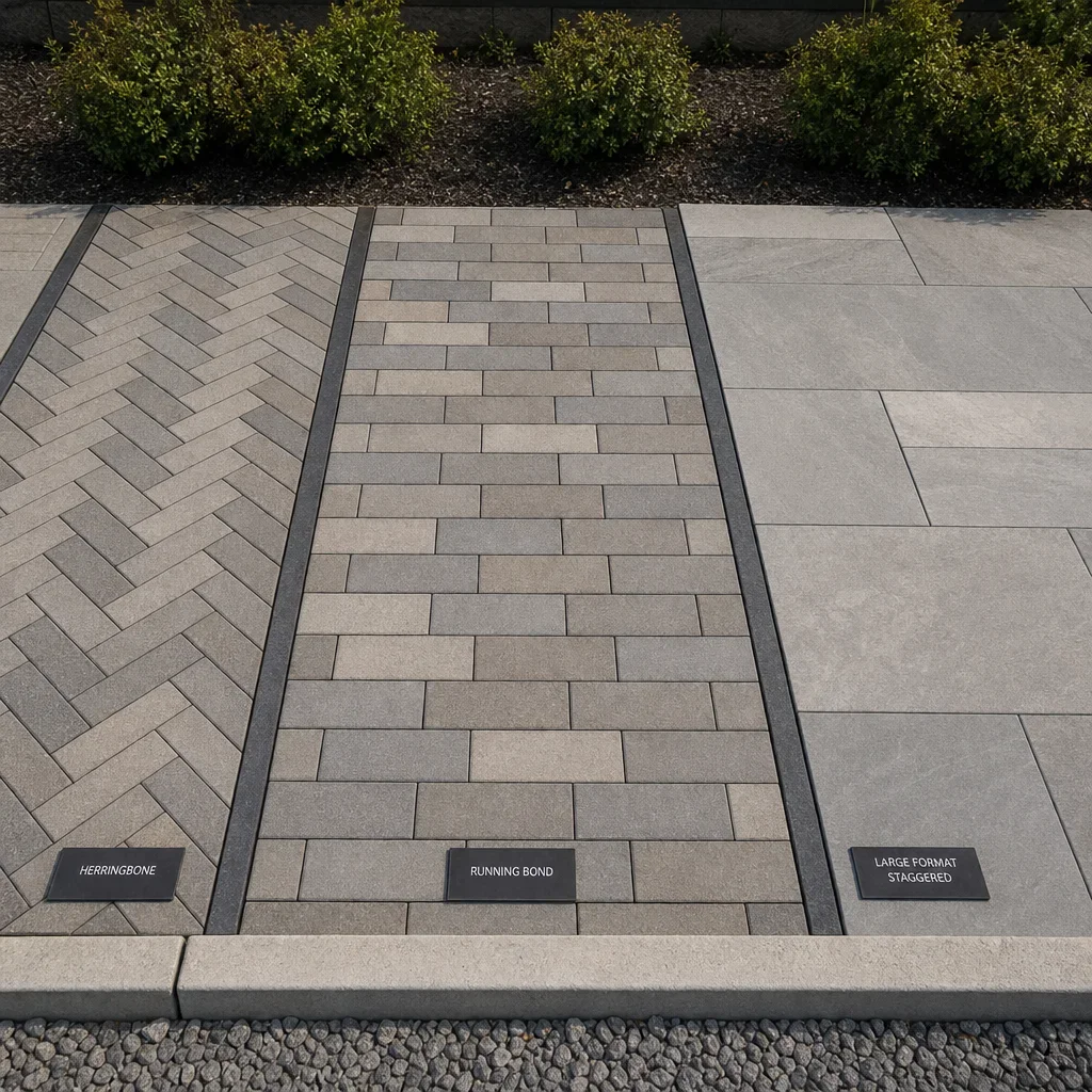 paver walkway design ideas: front, backyard, steps & modern styles a comparison of walkway paver patterns including herringbone, running bond, and staggered layouts.